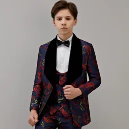 Ternos Criança Bule Vestido Formal Terno Conjunto Bonito Britânico Flor Menino Casamento Anfitrião Piano Traje Crianças Blazer Colete Calças Bowtie Outfit 230925