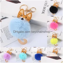 Key Rings Leather Cat Faux Rabbit Fur Pompom Keyfobs Fashion Bag Pendant Charm Pompoms Keyring Holder For Women Drop Delivery Jewelry Dho2H