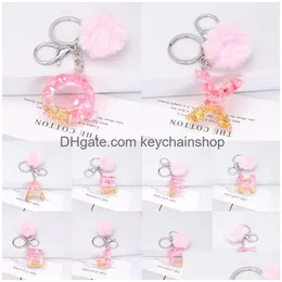 Key Rings Pink Pompom English Letter Keychains Gold Leaf Alphabet Chain With Puffer Ball Glitter Gradient Resin Car Handbag Drop Deliv Dhvtb