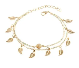 Women Gold Leaf Charm Anklets Real POS Gold Chain chail ankle beded bracelet bracelet 18k Gold Cokle Bracelets Jowledry3493786