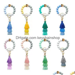 Key Rings Silica Gel Bead Ring Party Favor Female Food Grade Sile Armband Keyring Tassel Elastic Rope Beaded Hand String Keychain Pen Dhjoy