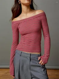 Magliette da donna Top slim con spalle scoperte Tinta unita/stampa a righe T-shirt con scollo a barca a maniche lunghe Clubwear per la primavera estate