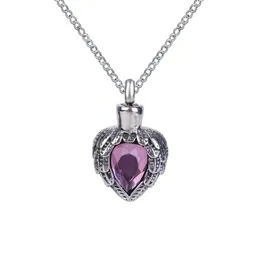 Urn Necklace Purple Birthstone Wing Heart Pendant Memorial Ash Keepsake Cremation Jewelry Stainless Steel With Gift Bag and Chain288U