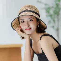 Ampla borda chapéus emenda cor vazio crochê palha chapéu feminino verão férias praia versão coreana cúpula dobrável sol boné mujer