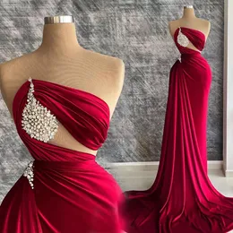 Vestidos de noite vermelho vestido de festa de baile cristal formal novo personalizado plus size zíper rendas até sereia cetim frisado plissado sem alças sem mangas