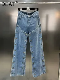 Kvinnors jeans deat höst streetwear multi -knapp dubbel lapptäcke design jean's höga midja fickor rak denim byxor 11xx5331 230927