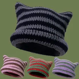 Y2K японская шапка-бини Ins Little Devil, полосатая вязаная шерстяная шапка, осенне-зимняя милая пуловер с острыми кошачьими ушками, женские шапки