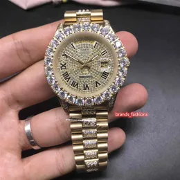 Prong Set Diamond Man's Watches Gold Diamond Face Watch Rostfritt stål Middle Row Diamond Watch Automatic Mechanical Fashion262Q