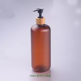 Storage Bottles & Jars 500ML 10 20pcs Frosted Amber Plastic Cosmetic Emulsion Lotion Pump Bottle Bamboo Head Shampoo Shower Gel P326K