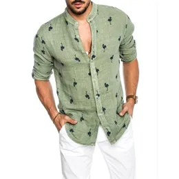 Mens Fashion Casual Printed Flamingo Shirts Social Cotton Linen Slim Fit Summer Hawaiian Korean Collar Long Sleeve Male Business C2433