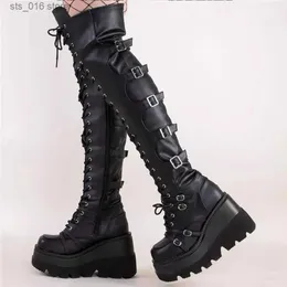 Boots Gothic Thigh High Boots Women Platform Wedges Motorcycle Boot Over The Knee Army Stripper Heels Punk Lace-up Belt Buckle Long T230927