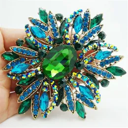 Bütün - 2014 Yeni Moda Zarif Çiçek Altın Kaplama Büyük Broş Pin Yeşil Rhinestone Crystal2377