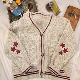 Damen-Strick-T-Shirts, Retro-Sterndruck, Strickjacke, College-Stil, süßer Knopf, V-Ausschnitt, langärmelige Jacke, Herbst, Y2K, lockerer lässiger Pullover 230927