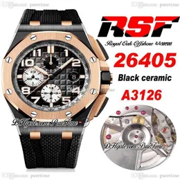 RSF 44mm A3126 Automatic Chronograph Mens Watch Two Tone 18K Rose Gold Bezel Black Ceramic Case Textured Dial Number Markers Rubbe269O