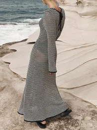 Casual Dresses Women See-Through Striped Knit Mesh Long Dress Hollow-Out Sleeve Crew Neck Beach Cover-Ups