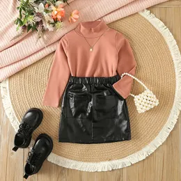 Clothing Sets Fashion Toddler Baby Girls Outerwear Kids Long Sleeve Mock Neck Sweater + Leather Skirt Set Children Two Piece Clothes 230927