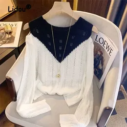 Women's Sweaters Fashion Hollow Out Sexy Off Shoulder Color Matching Blouse Women New Classic Long Sleeve Slim O-collar Knitting Lady Top 230927