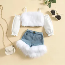 Kläderuppsättningar 0-4Y Kids Girls Autumn Clothes Set Baby Off Axel Long Sleeve Plush Tops + Fur Trim Denim Short Pants Toddler Fashion Outfits 230927