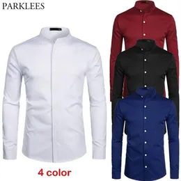 White Banded Collar Dress Shirt Men Slim Fit Long Sleeve Casual Button Down Shirts Mens Business Office Work Chemise Homme S-2XL 2271l