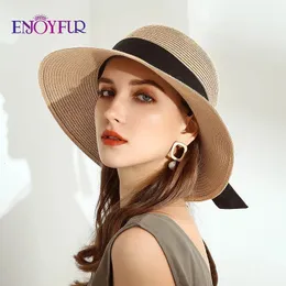 Outdoor Hats ENJOYFUR Summer Sun Straw Hats for Women Wide Brim Ribbon Bow Beach Hat Female Fashion UV UPF Sun Protection Hats for Travel 230927