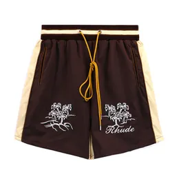 Masculino feminino casual cordão bordado shorts de alta qualidade dentro malha listrado calças marrom damasco