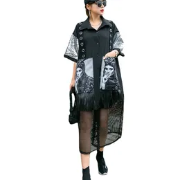 Designer Women Summer Black Casual Chiffon Shirt Dress Cartoon Pockets Half Sleeve Plus Size Female Midi Party Club Dress Robe One195a