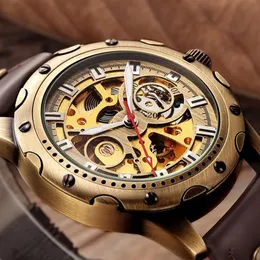 Wristwatches Retro Bronze Skeleton Mechanical Watch Men Automatic Watches Sport Luxury Top Brand Leather Relogio Masculino Male Cl237P