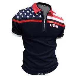DIY Clothing Customized Tees & Polos American flag black stitching for men's lapels, short sleeved men's casual polo shirts