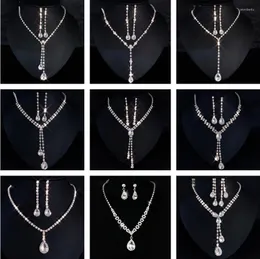 Pendant Necklaces Water Drop Rhinestone Long Full Crystal Silver Plated Necklace & Earrings Elegant Bridal Wedding Jewelry Set