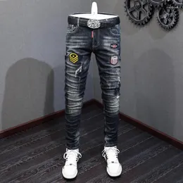 Männer Jeans Street Fashion Männer Retro Schwarz Grau Elastische Slim Ripped Vintage Hosen Patches Designer Hip Hop Hosen Hombre