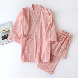 Kvinnors sömnkläder Kvinnor Half Sleeve Kimono Robes med Long Trouser 2 PCS Pyjamas kostym för hemkläderfjäder och höst bomullspyjamasuppsättning