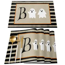 Table Mats Halloween Cartoon Ghost Stripes Kitchen Dining Decor Accessories 4/6pcs Placemat Heat Resistant Linen Tableware Pads