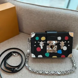 Colorful Printed Dots Women Designer Box Bag Trunk Silver Lock Chain Removable Leather Strap Suitcase Cross Body Shoulder Handbag 19x12cm Luxury Lovely Purse