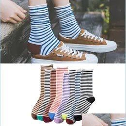 Shoe Parts Accessories Fashion Women Socks Cotton Color Rainbow Striped Loose Harajuku Happy Cute Colorf Art Kawaii Funny Casual R Dhjtz
