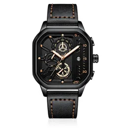 Cool Black NEKTOM Brand Hollow Out Mens Watches Accurate Quartz Watch Leather Strap Luminous Square Dial Wristwatches188B