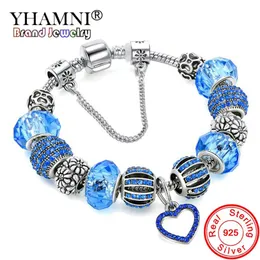 YHAMNI Original Solid 925 Silver Blue Charm Bracelet Bangle with Love and Flower Crystal Beads Safety Chain Bracelet For Women HB0183B