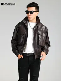 Men's Leather Faux Leather Nerazzurri Spring Autumn Short Cool Brown Soft Pu Leather Jacket Men with Three-dimensional Pockets High Quality Clothing 230927