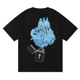 Women Men's T-Shirts Trapstar lighter blue flame print quality double yarn cotton loose casual short-sleeved T-shirt for men241s