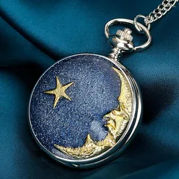 Pocket Watches Fashion Relief Art Gold Encrusted Star And Moon Pattern Blue Starry Sky Necklace Steampunk FOB Chain Quartz