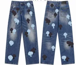 23SS Nya män jeansdesigner gör gamla tvättade krom raka byxor hjärtbrev utskrifter lång stil hjärtan lila kromar hjärtan 638i