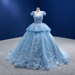 السماء الزرقاء كرات الثوب Quinceanera فساتين 2023 v رقبة المزيج حلوة 16 فستان فيديسوس الأنيقة الأزهار الزهري زين مشد مشد القطار Quinceanera