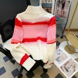 Women's Sweaters Letter Jacquard Knitted Sweater Women Vintage Elegant Stylish Pullover Tops Long Sleeve Mock Neck Contrast Color Fashion