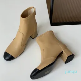 women Round head Elastic ankle boots Luxury fashion leather solid color joint Short Martin boot lady autumn winter Behind the zipper Wide thick shoes