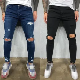 Men's Jeans Men Ripped Skinny Jeans Fashion Knee Hole Destroyed Frayed Black Stretch Jeans Hombre Casual Blue Denim Pencil Pants Streetwear 230927