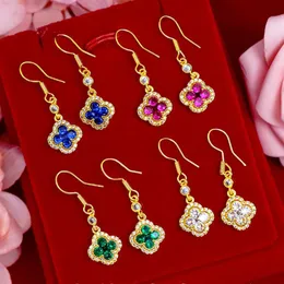 Micro-set four-leaf Clover Zircon Hookfish Earrings 18K Yellow Gold Filled Beautuful Trendy Womens Dangle Earrings Shiny Gift222F