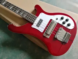 Factory custom 4 strings Red body Electric Bass Guitar with chrome Hardwares,Neck-thru-body,can be customized