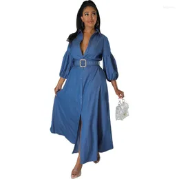Ubranie etniczne Autumn Blue Denim Lantern Rleeve Ruffle Hem Maxi Dress Women African Fashion Solid Button Shirt Shirde Streetwear Vestidos