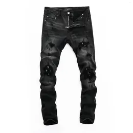 Men Jeans Street Fashion Designer Men Retro Retro Washed Black Stretch Prouts Planted Skinny ممزق Hip Hop Bants 8361