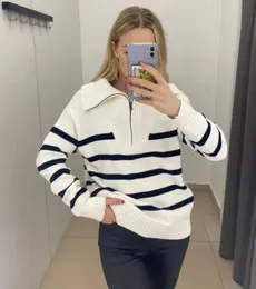 Damenpullover mit Reißverschluss, gestreift, Kintted, für Damen, Häkelpullover, Off-White, Frühling, Herbst, Winter, süßer Pullover, Y2k-Top, Pullover, Streetwear 230927