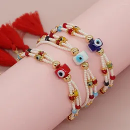 Link Bracelets Bohemian Summer Colorful Crystal Turkish Eye Charm Women Handmade Friendship Tassel Fashion Jewelry Miyuki Glass Bead